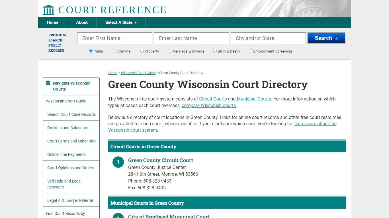 Green County Wisconsin Court Directory - Courtreference.com