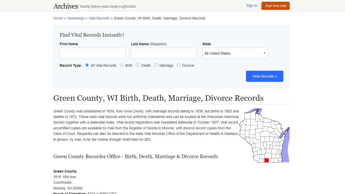 Green County, WI Birth, Death, Marriage, Divorce Records